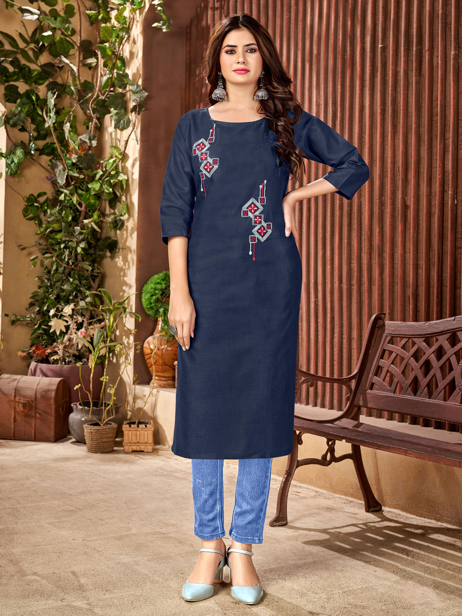 Midnight Blue Handloom Slub Cotton Embroidered Party Kurti