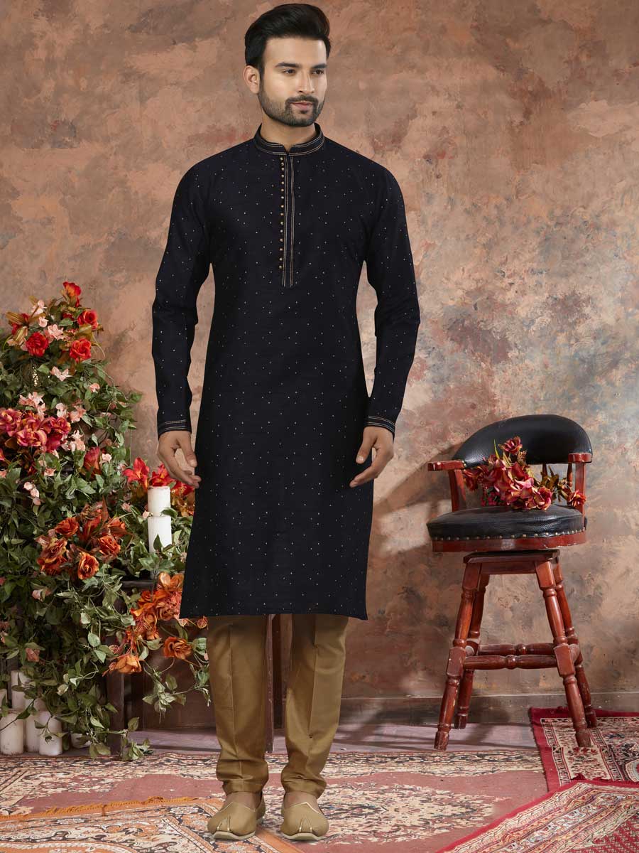 Midnight Blue Jacquard Embroidered Festival Kurta Set