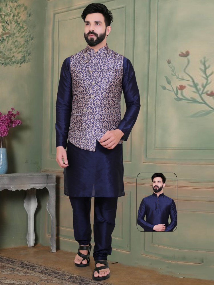 Midnight Blue Silk Handwoven Party Kurta Nehru Jacket