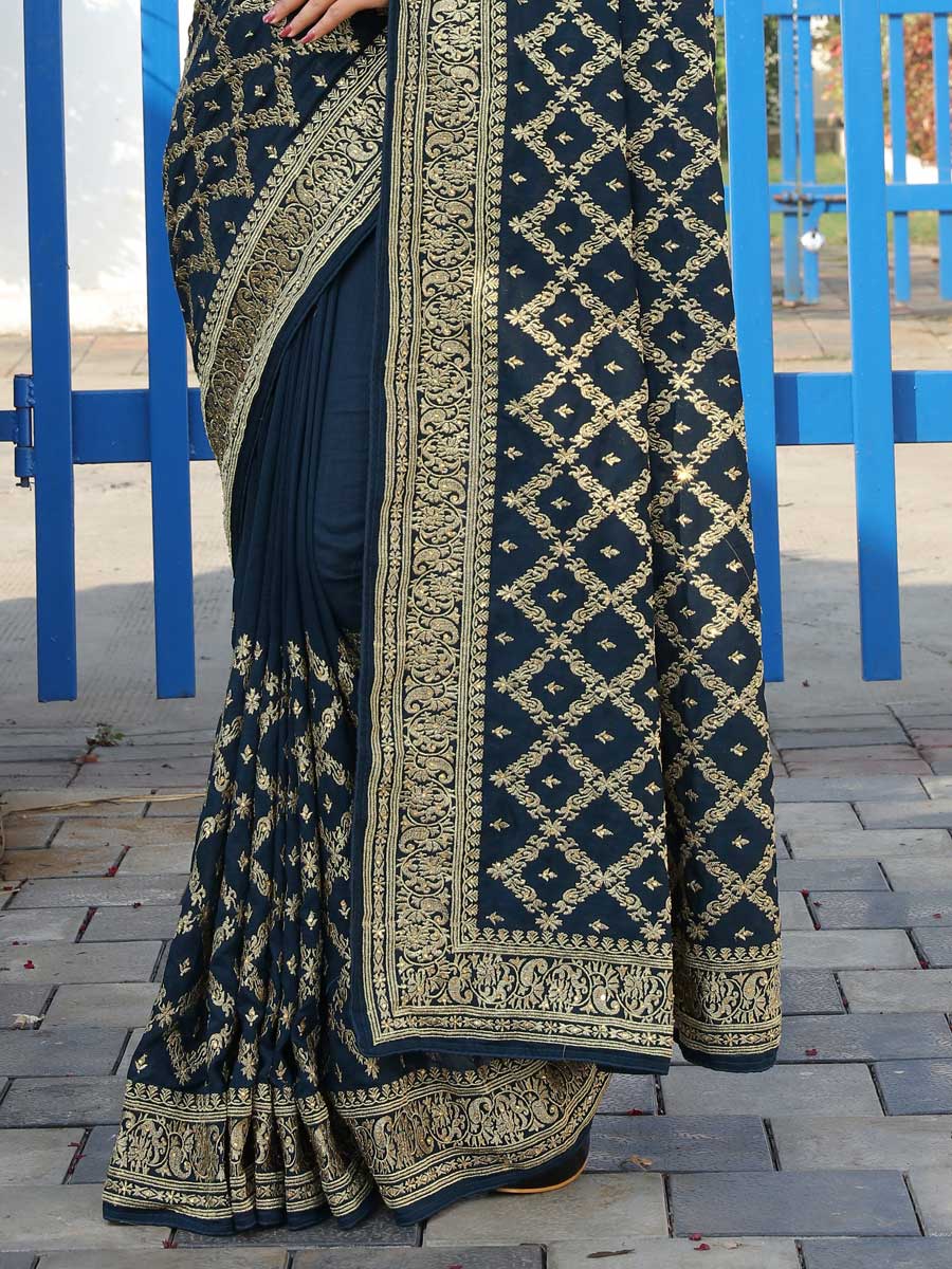 Midnight Blue Vichitra Silk Embroidered Festival Saree