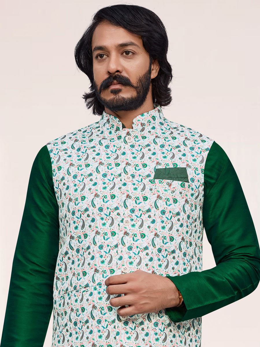 Midnight Green Art Silk Festival Printed Kurta Set With Jacket