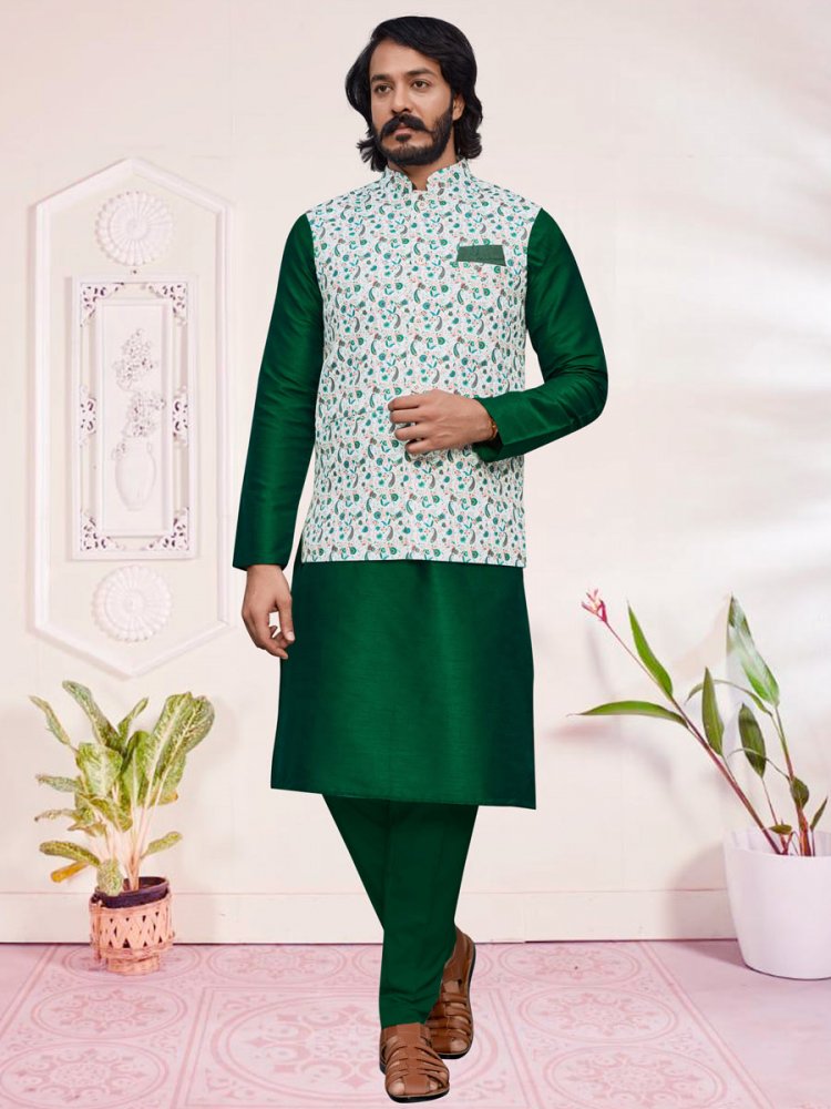 Midnight Green Art Silk Festival Printed Kurta Set With Jacket