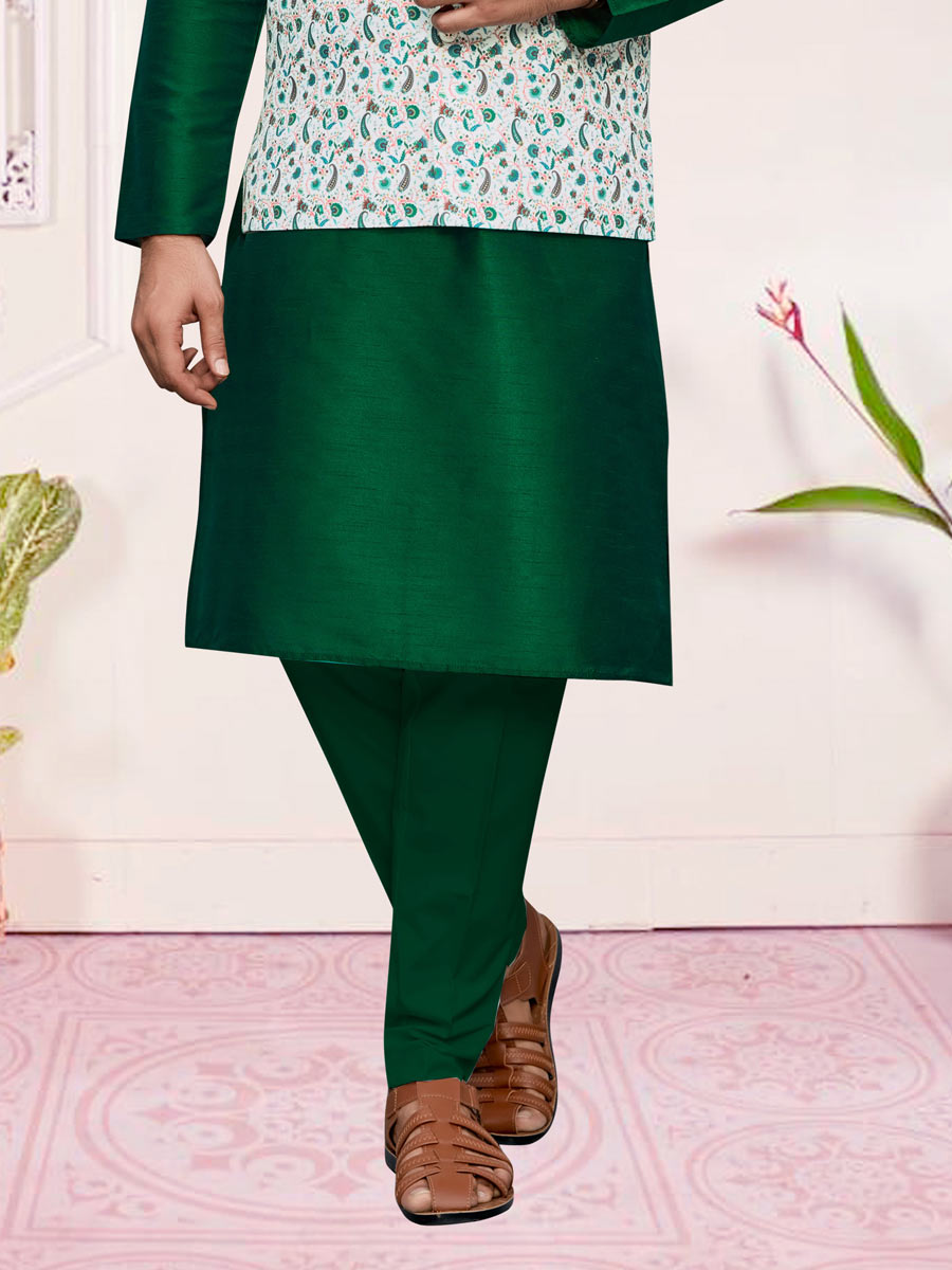 Midnight Green Art Silk Festival Printed Kurta Set With Jacket