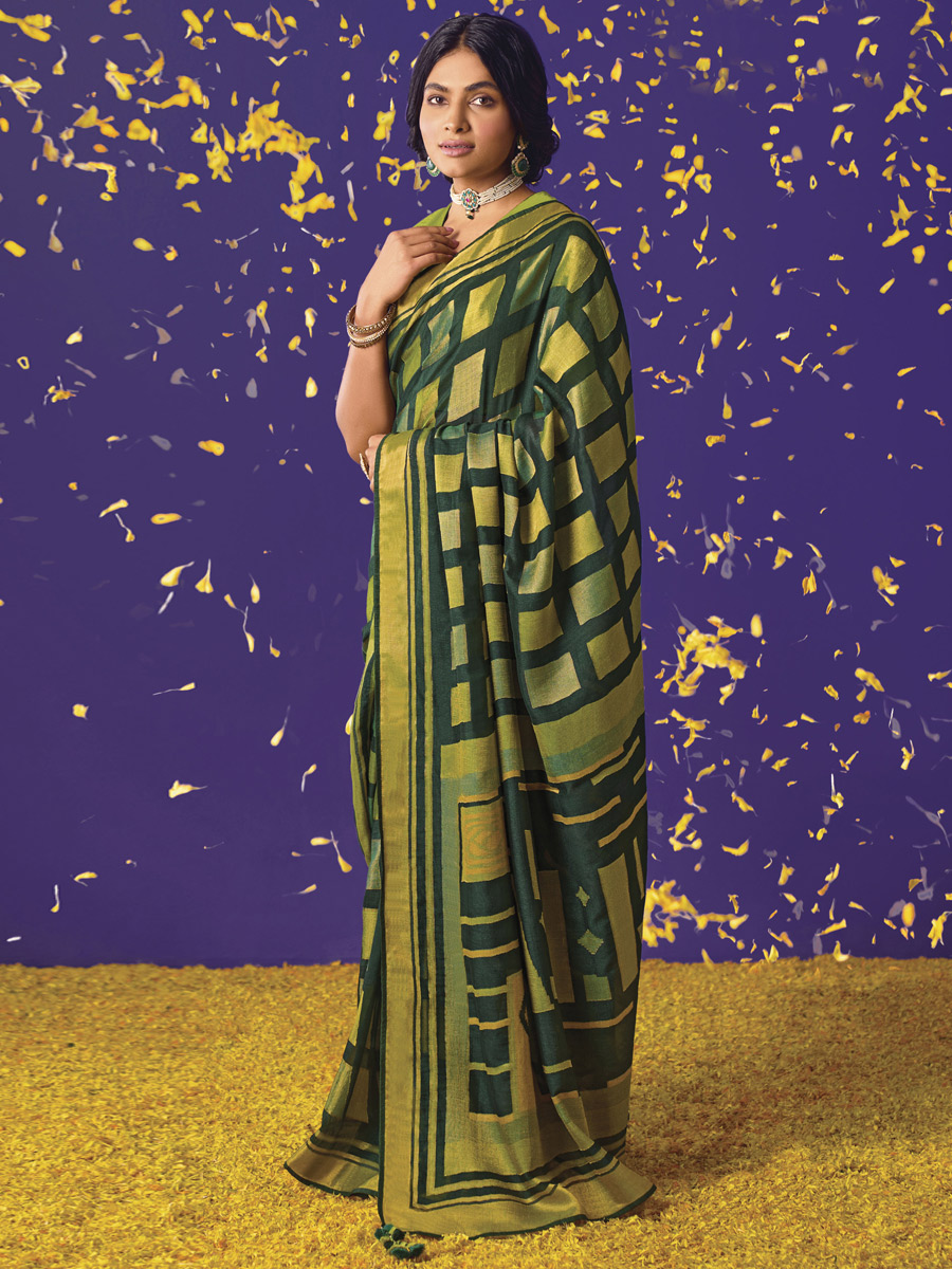 Midnight Green Brasso Festival Printed Saree
