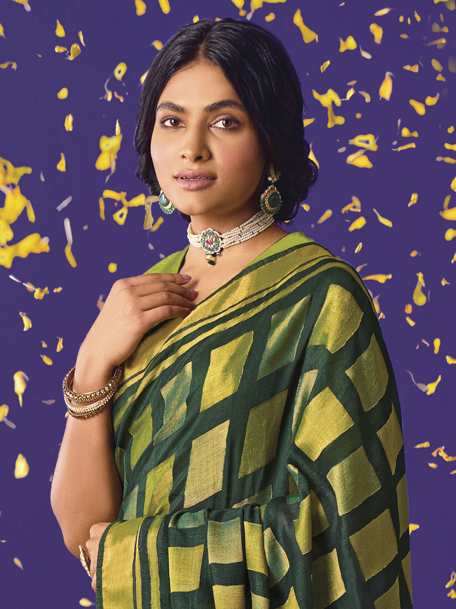 Midnight Green Brasso Festival Printed Saree