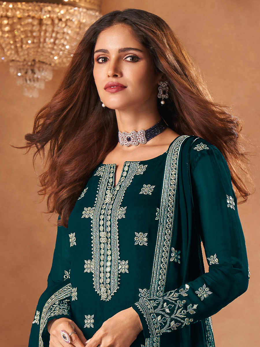 Midnight Green Faux Georgette Embroidered Festival Palazzo Pant Kameez
