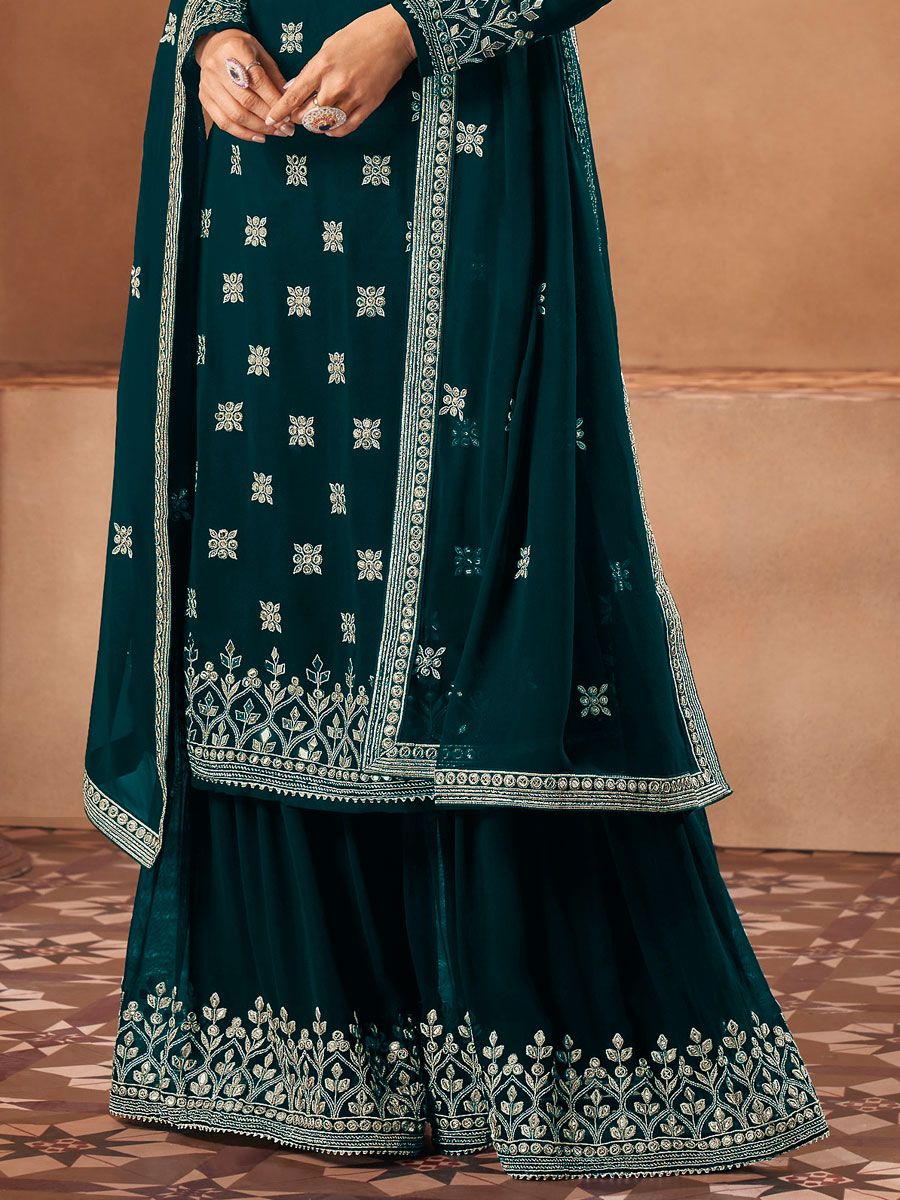 Midnight Green Faux Georgette Embroidered Festival Palazzo Pant Kameez
