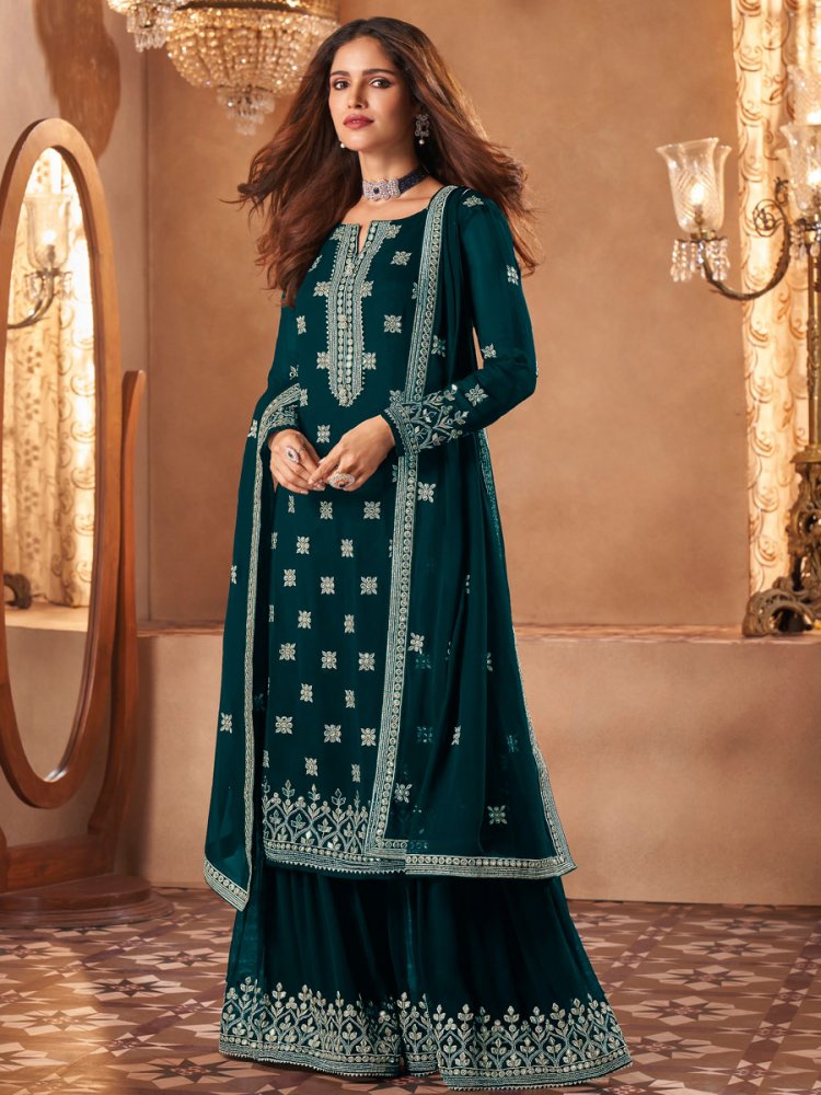 Midnight Green Faux Georgette Embroidered Festival Palazzo Pant Kameez