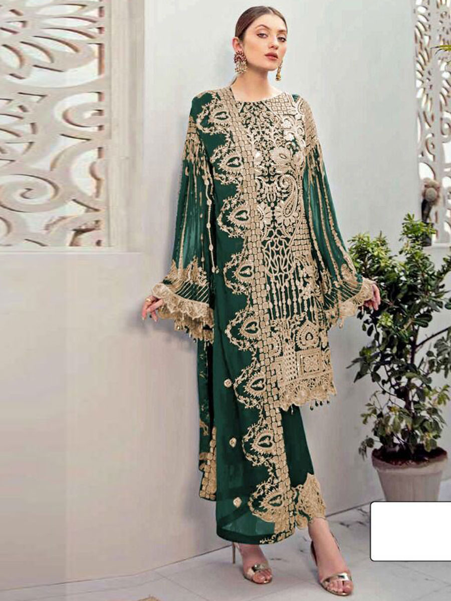 Midnight Green Faux Georgette Embroidered Festival Pant Kameez