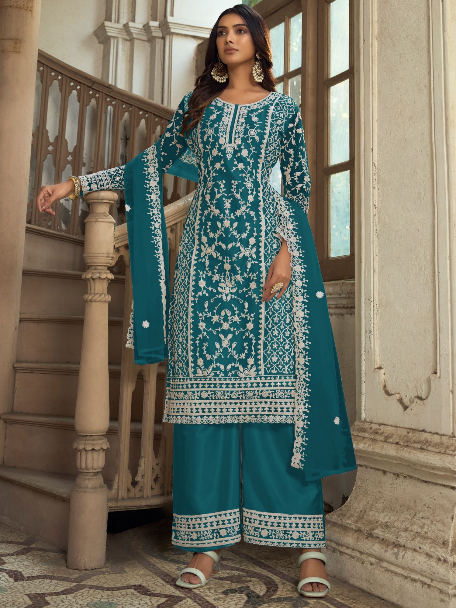 Midnight Green Heavy Butterfly Net Embroidered Festival Party Engagement Pant Salwar Kameez