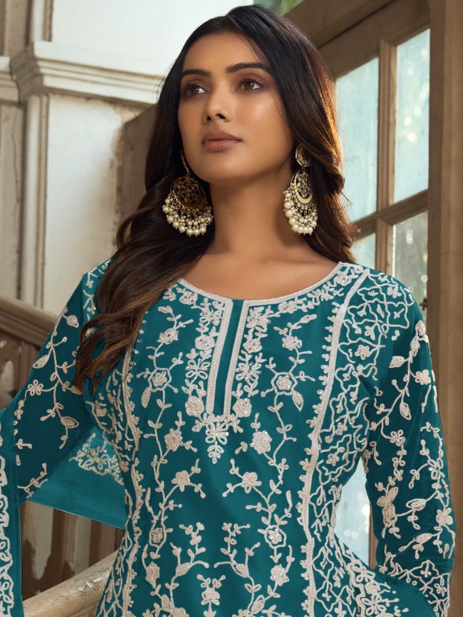 Midnight Green Heavy Butterfly Net Embroidered Festival Party Engagement Pant Salwar Kameez