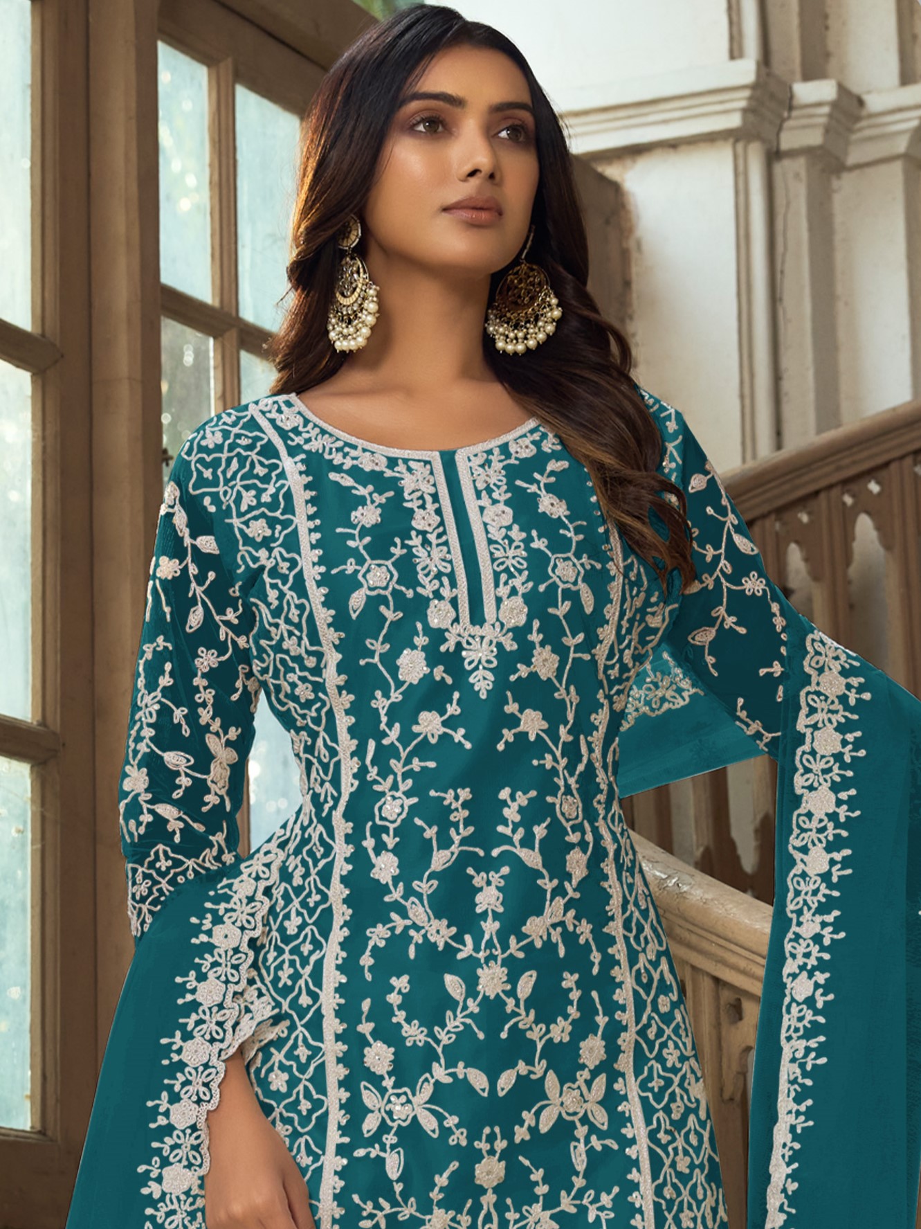 Midnight Green Heavy Butterfly Net Embroidered Festival Party Engagement Pant Salwar Kameez