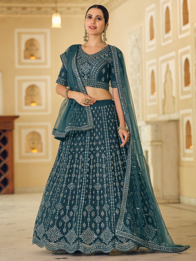 Midnight Green Net Embroidered Bridal Lehenga Choli