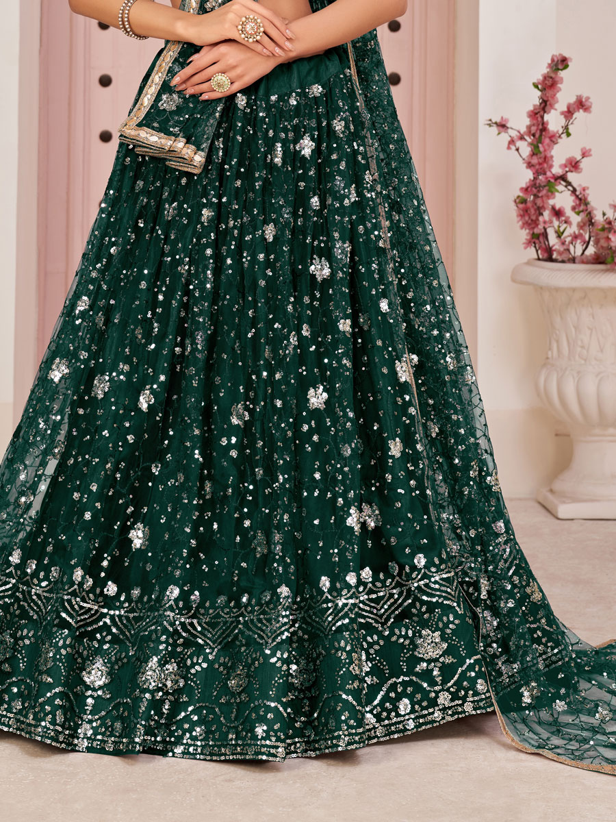 Midnight Green Net Embroidered Party Lehenga Choli