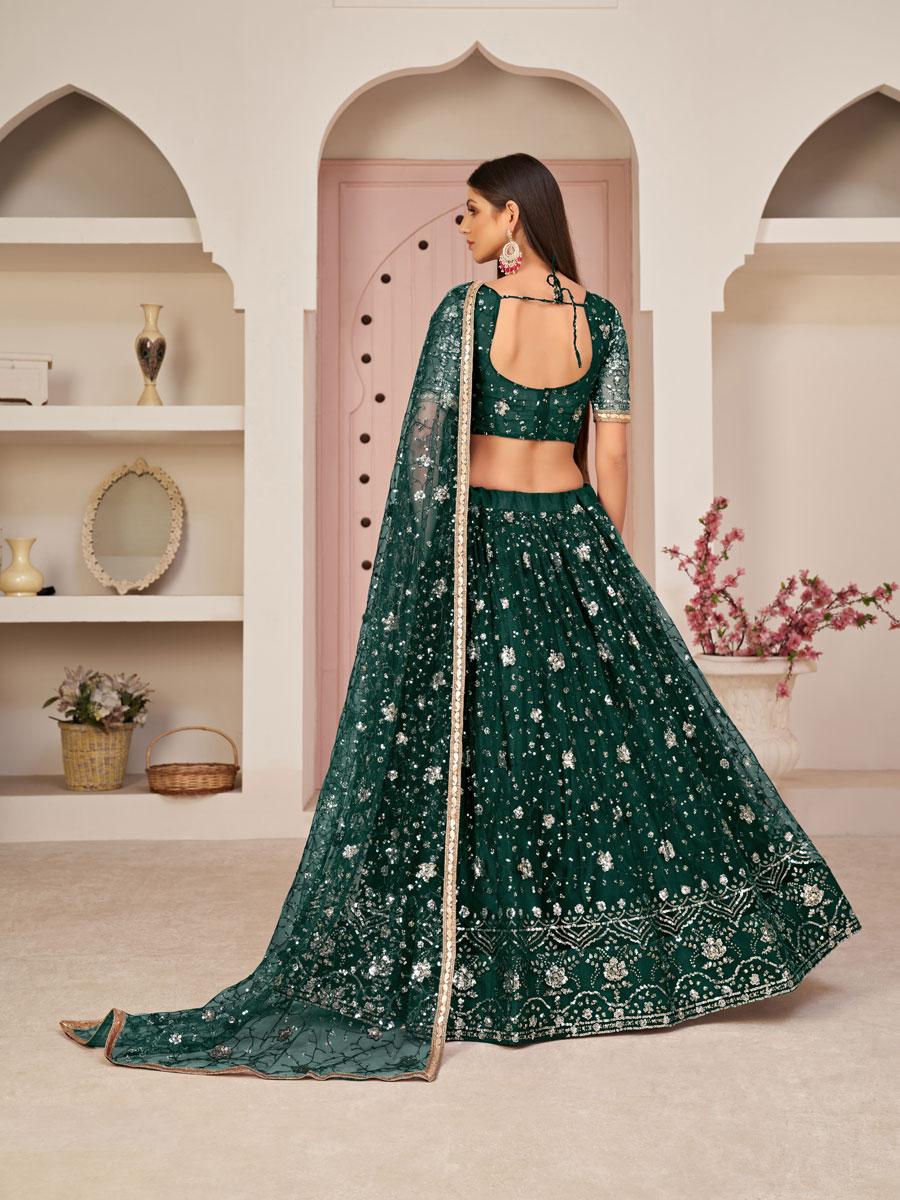 Midnight Green Net Embroidered Party Lehenga Choli