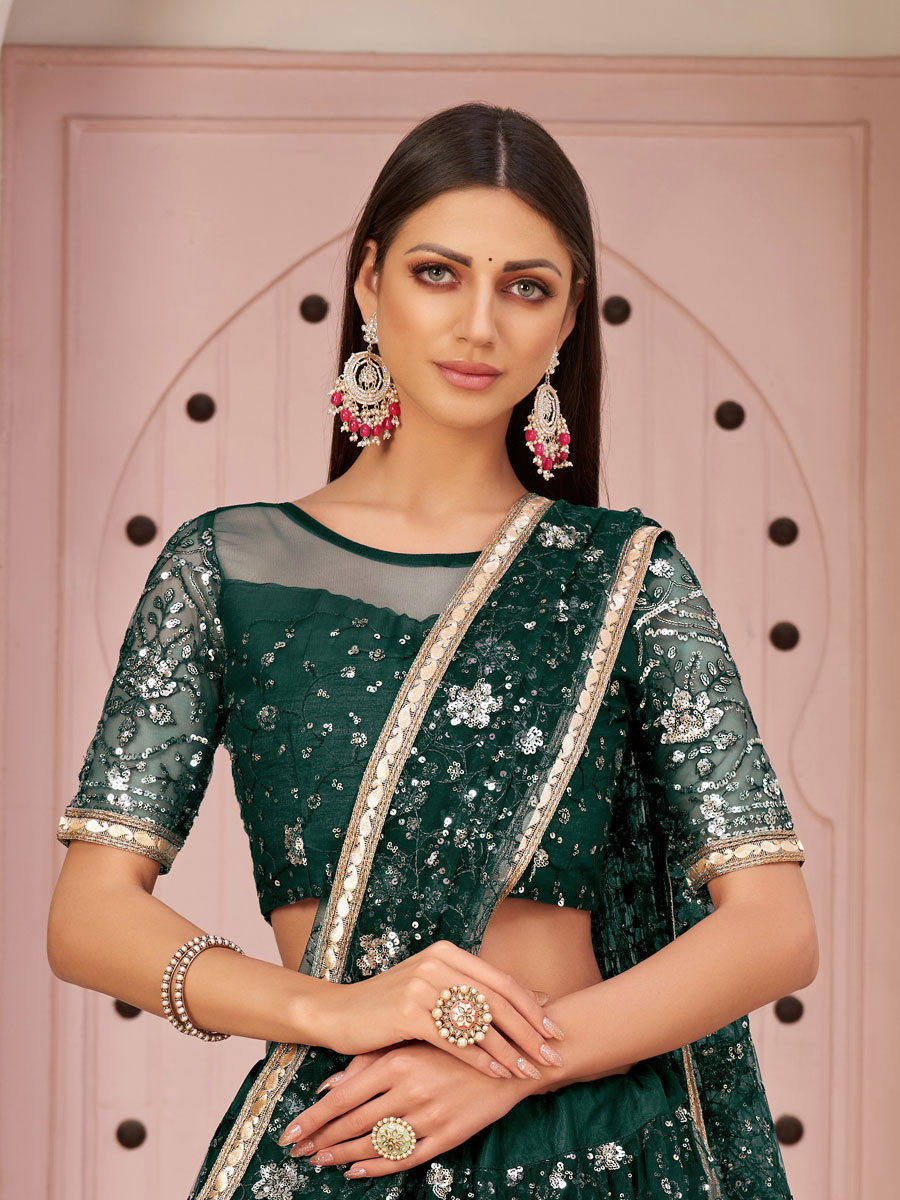 Midnight Green Net Embroidered Party Lehenga Choli
