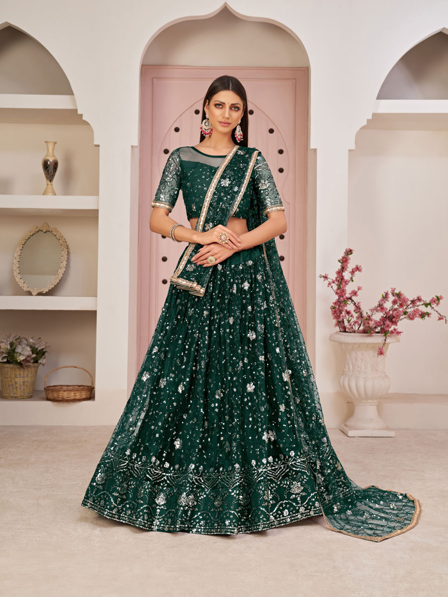 Midnight Green Net Embroidered Party Lehenga Choli