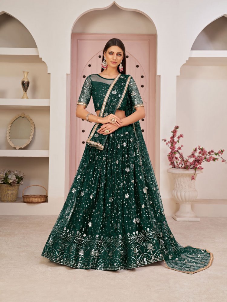 Midnight Green Net Embroidered Party Lehenga Choli