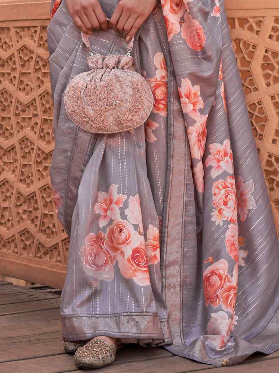 Mine Grey Silk Printed Casual Festival Classic Style Saree
