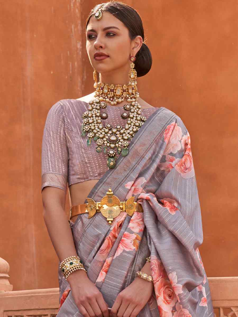 Mine Grey Silk Printed Casual Festival Classic Style Saree