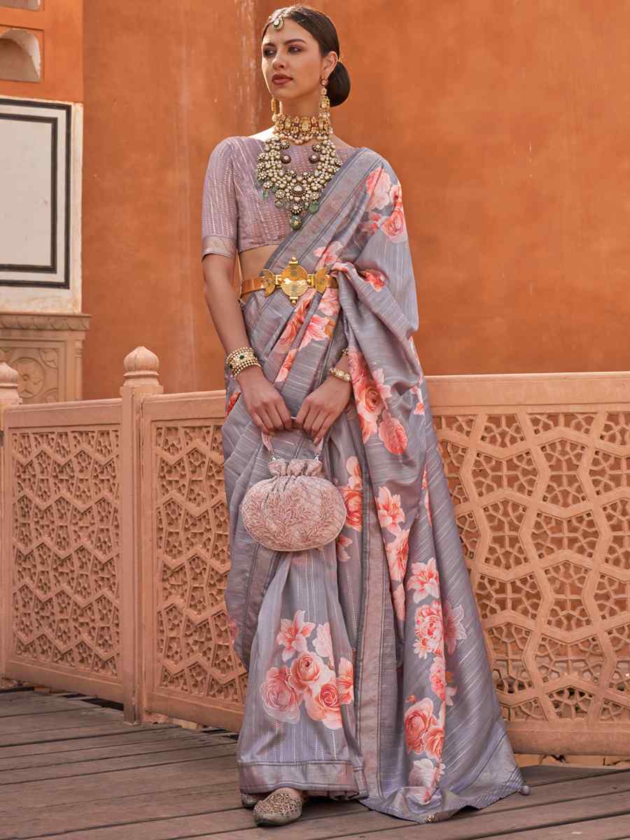 Mine Grey Silk Printed Casual Festival Classic Style Saree