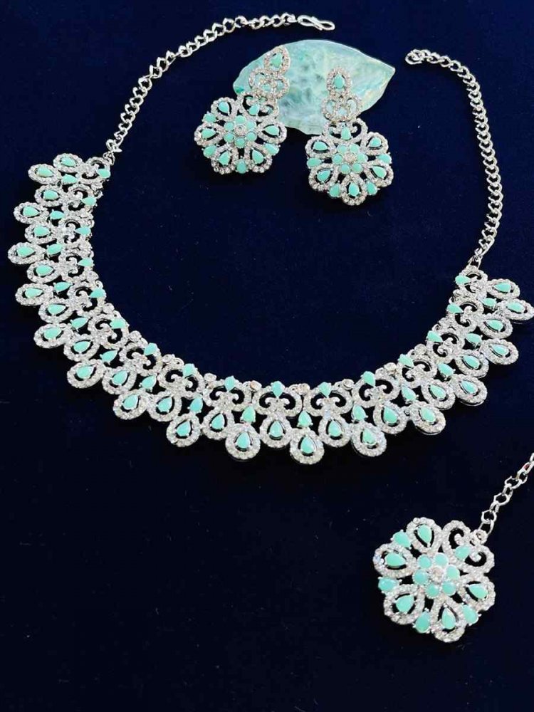 Mint Alloy Festival Wear Diamonds Necklace
