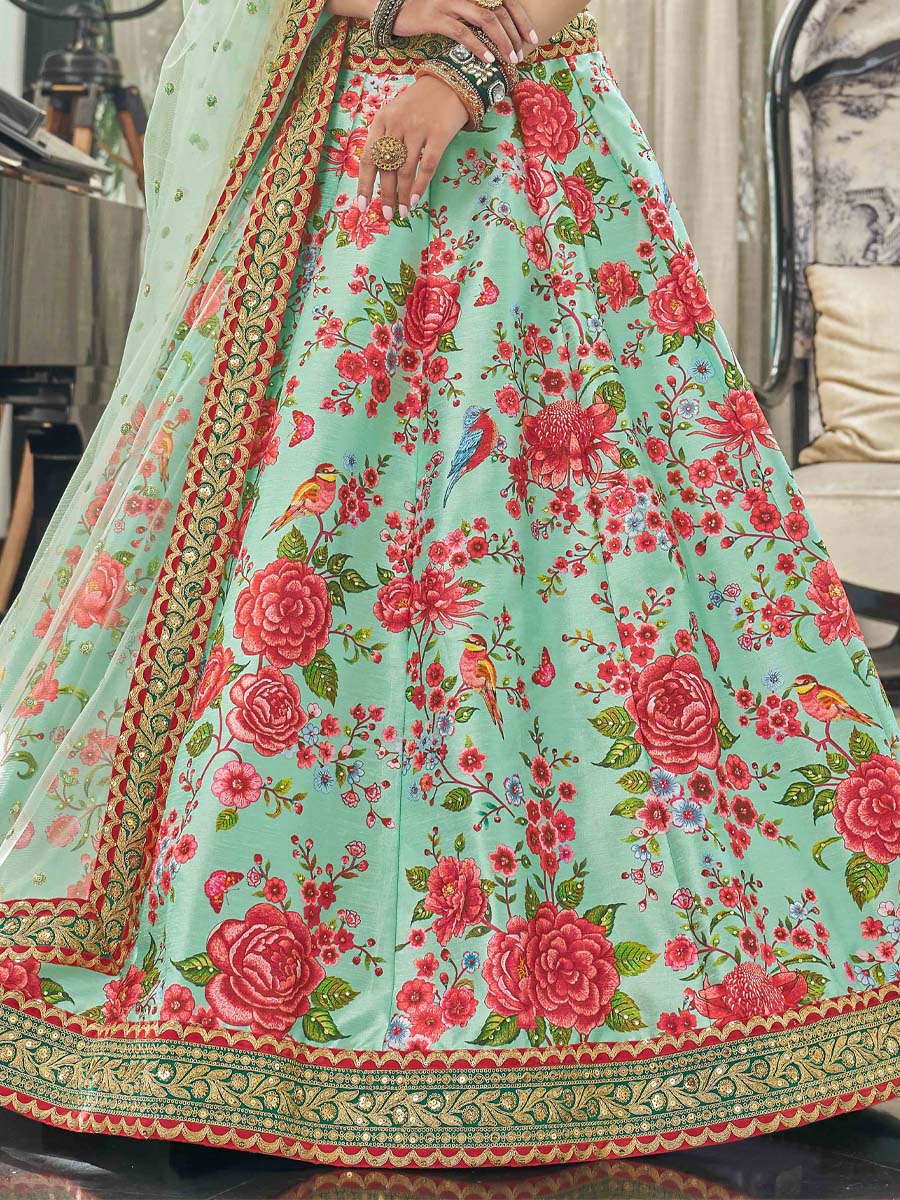 Mint Art Silk Embroidered Festival Wedding Circular Lehenga Choli