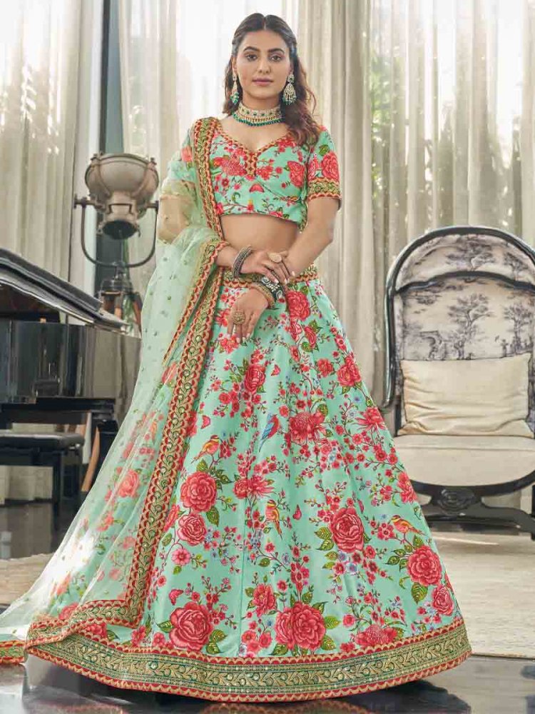 Mint Art Silk Embroidered Festival Wedding Circular Lehenga Choli