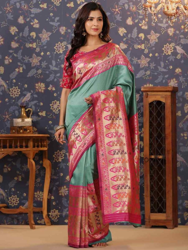 Mint Banarasi Silk Embroidery Reception Wedding Heavy Border Saree