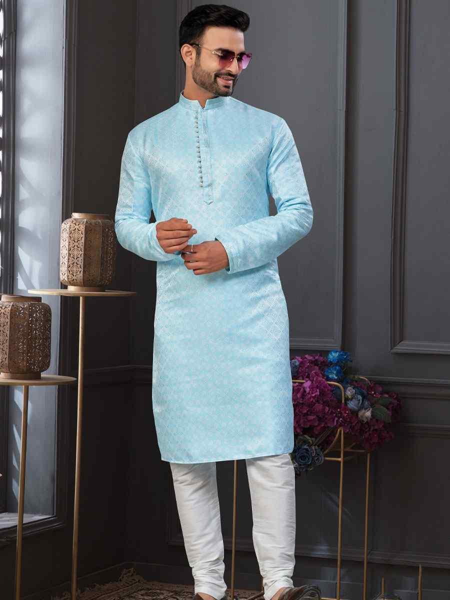 Mint Blue Banarasi Jackard Embroidery Festival Wedding Party Mens Kurta