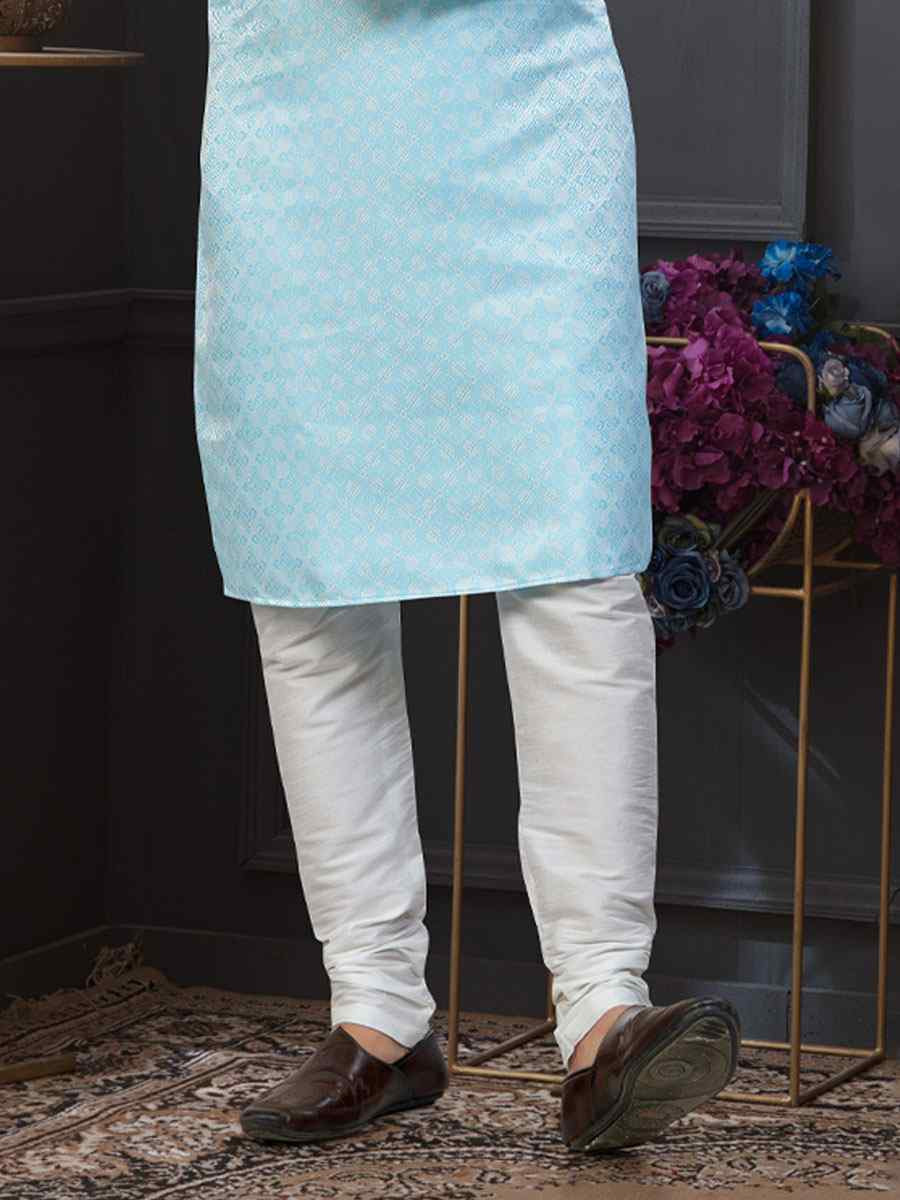 Mint Blue Banarasi Jackard Embroidery Festival Wedding Party Mens Kurta