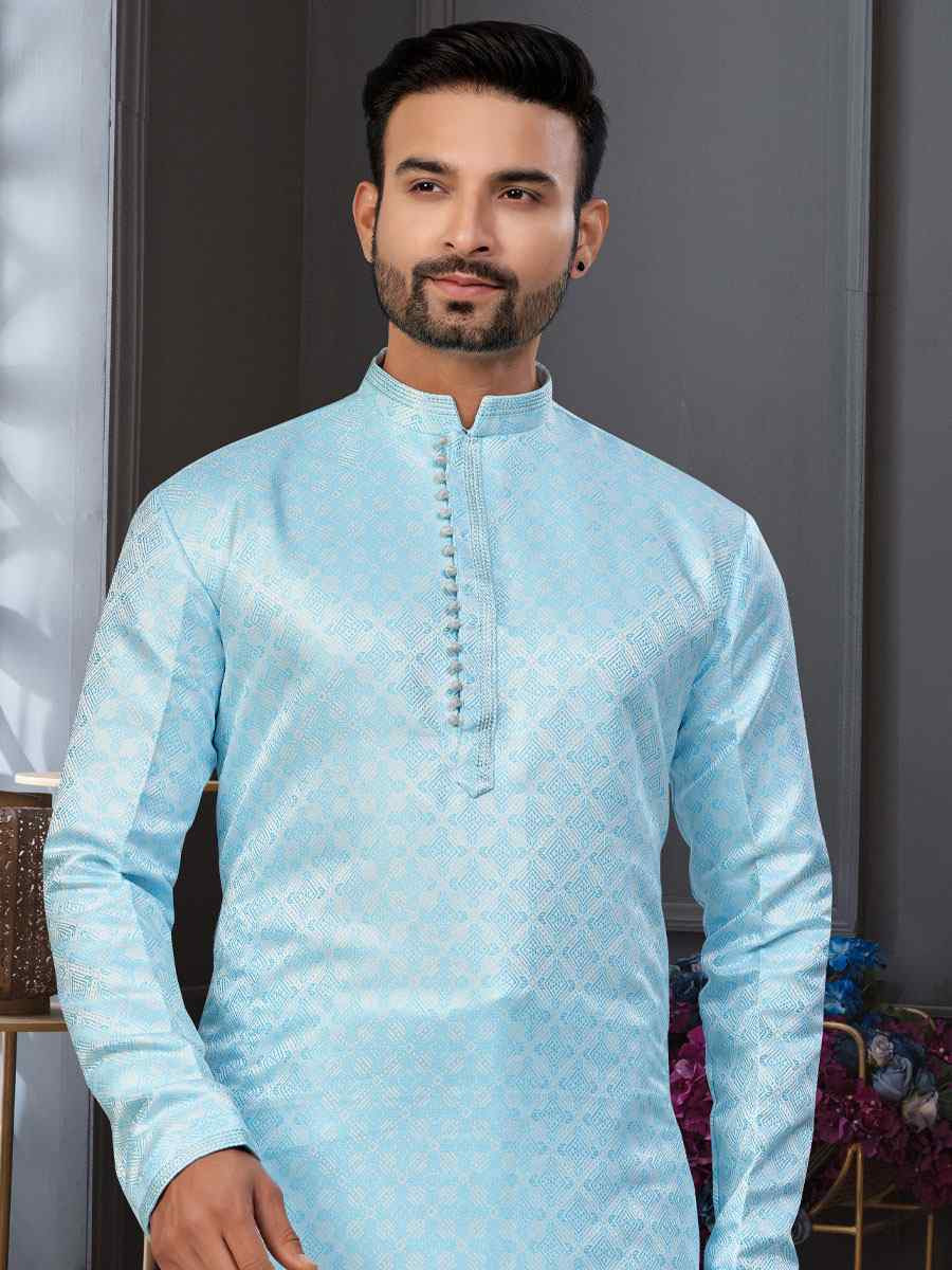 Mint Blue Banarasi Jackard Embroidery Festival Wedding Party Mens Kurta