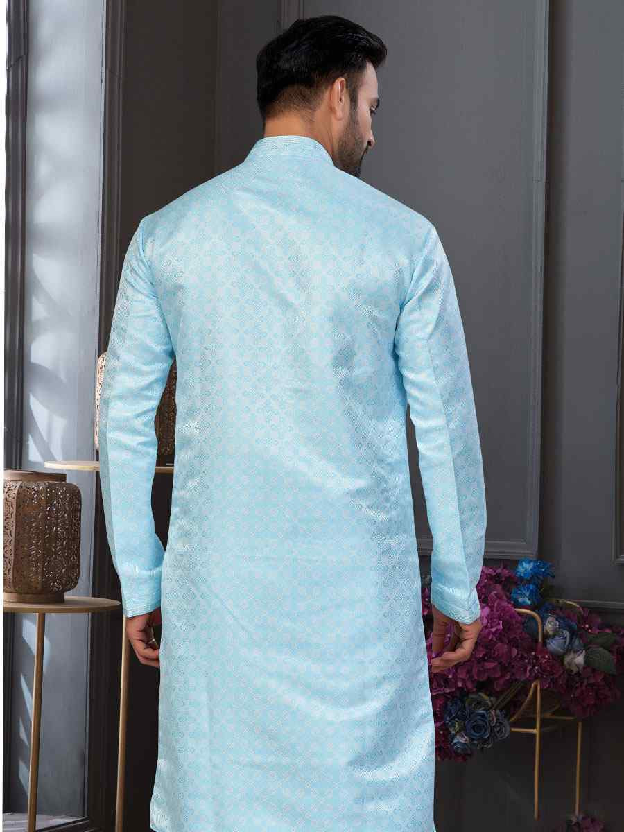Mint Blue Banarasi Jackard Embroidery Festival Wedding Party Mens Kurta