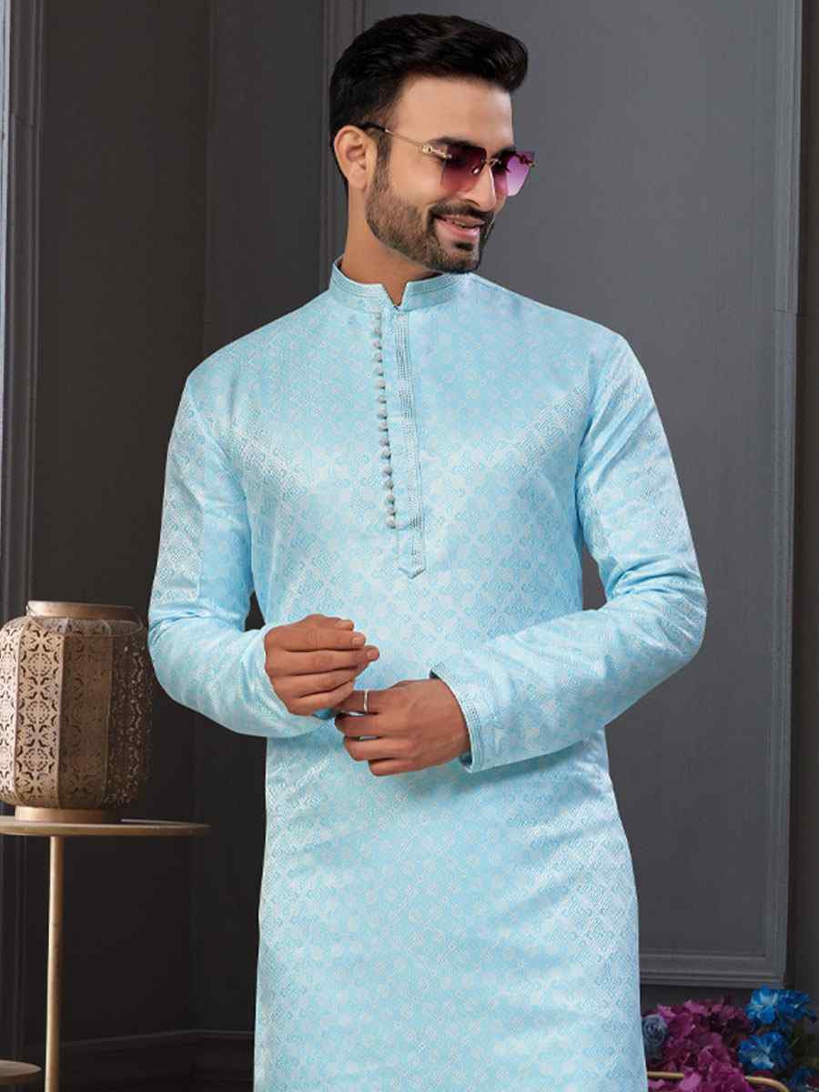 Mint Blue Banarasi Jackard Embroidery Festival Wedding Party Mens Kurta
