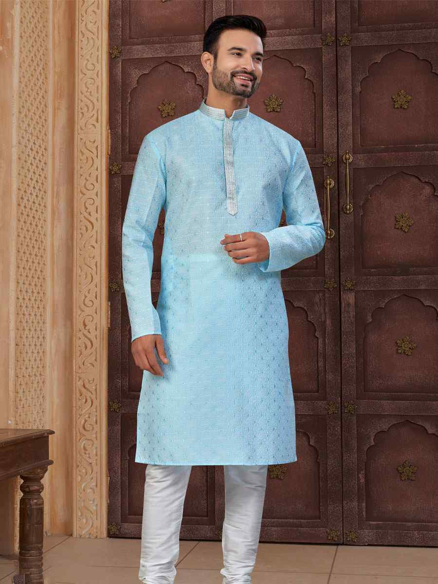 Mint Blue Banarasi Jackard Embroidery Festival Wedding Party Mens Kurta