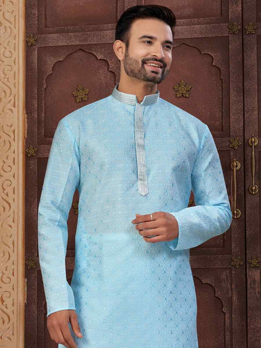 Mint Blue Banarasi Jackard Embroidery Festival Wedding Party Mens Kurta