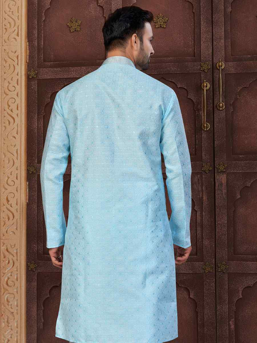 Mint Blue Banarasi Jackard Embroidery Festival Wedding Party Mens Kurta