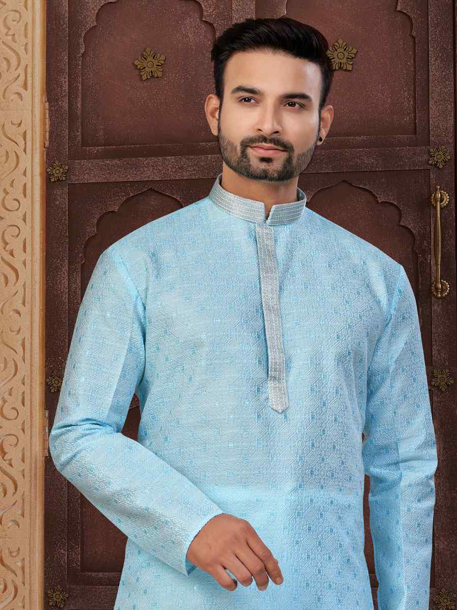 Mint Blue Banarasi Jackard Embroidery Festival Wedding Party Mens Kurta