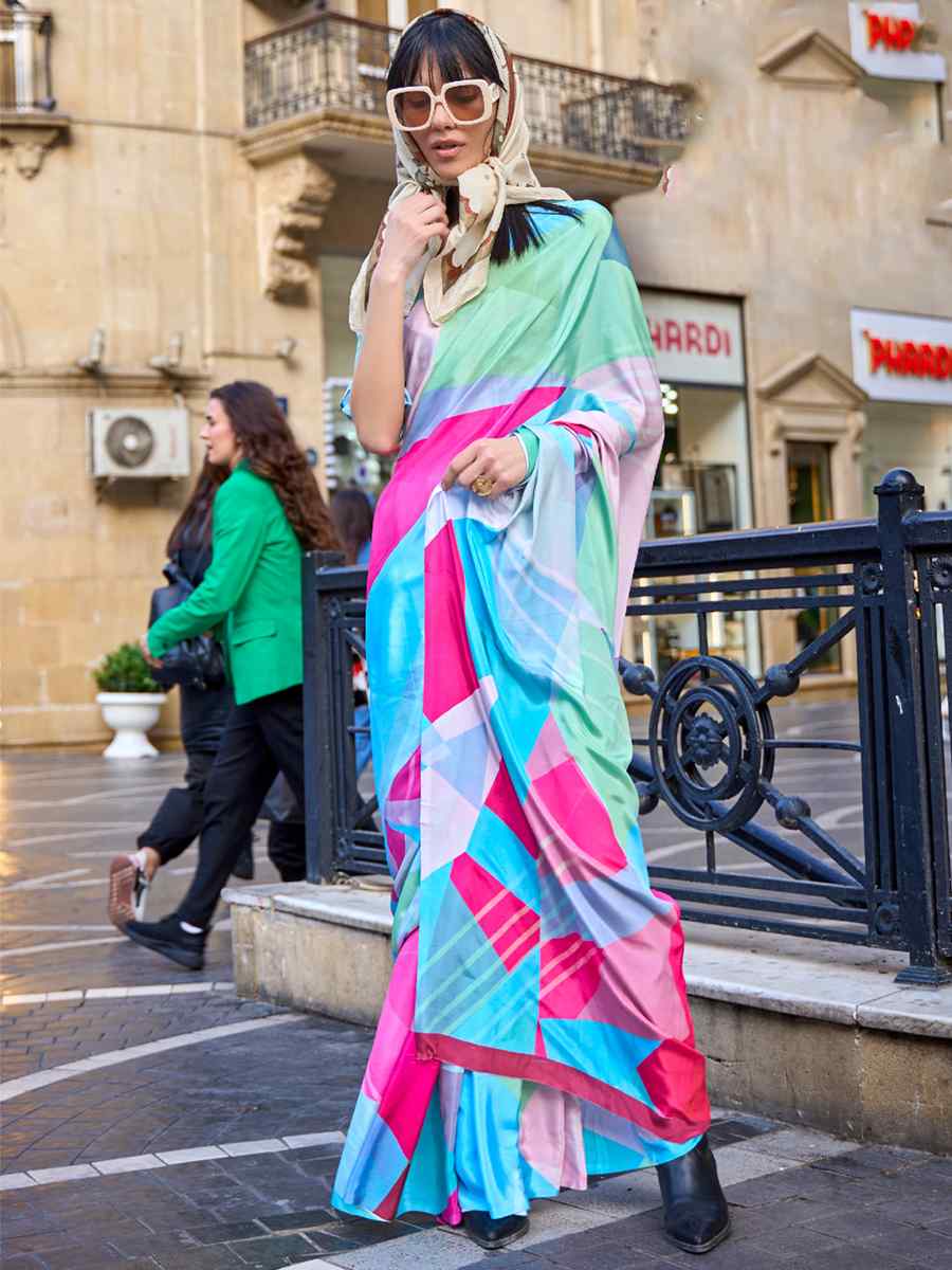 Mint Blue Pure Crepe Silk Printed Casual Festival Contemporary Saree