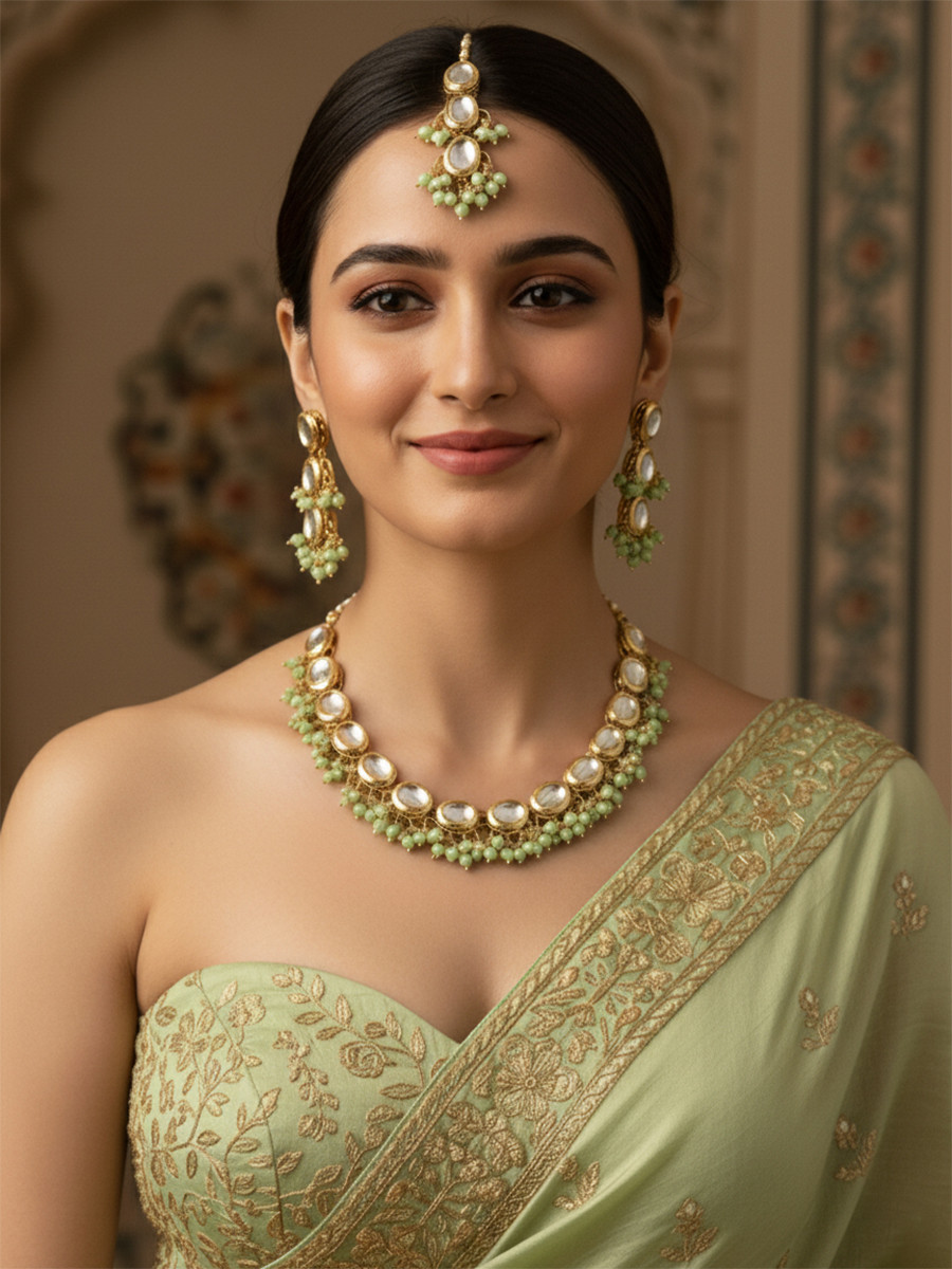 Mint Brass Wedding Party Festival Wear Kundan Necklace