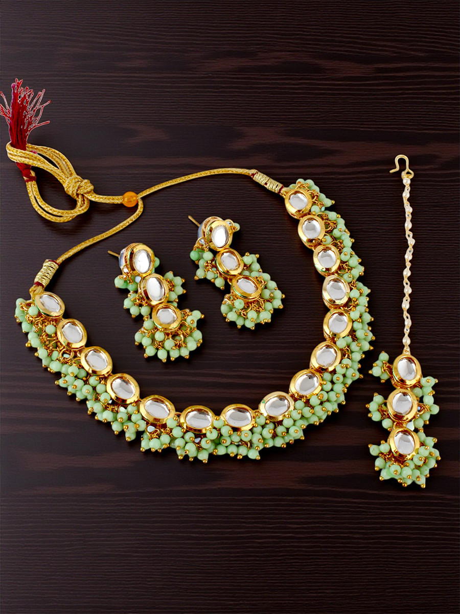 Mint Brass Wedding Party Festival Wear Kundan Necklace