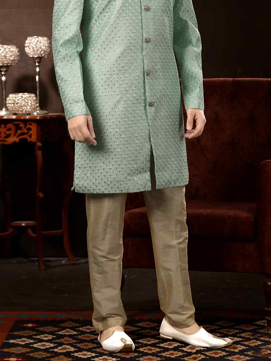 Mint Brocade Woven Wedding Party Sherwani