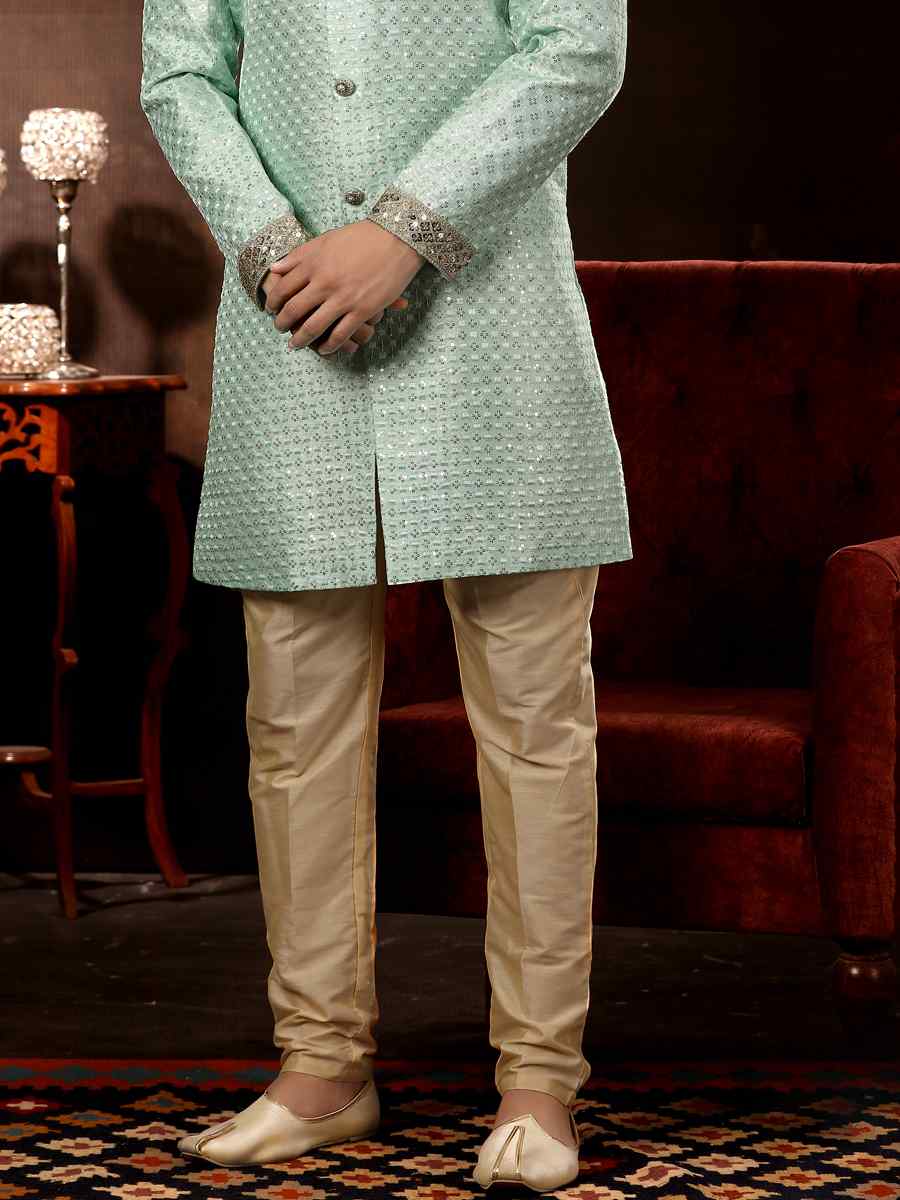 Mint Brocade Woven Wedding Party Sherwani