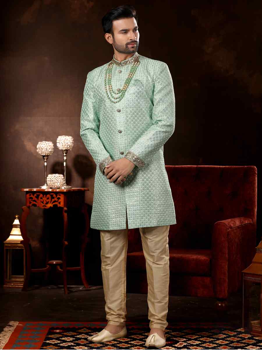 Mint Brocade Woven Wedding Party Sherwani