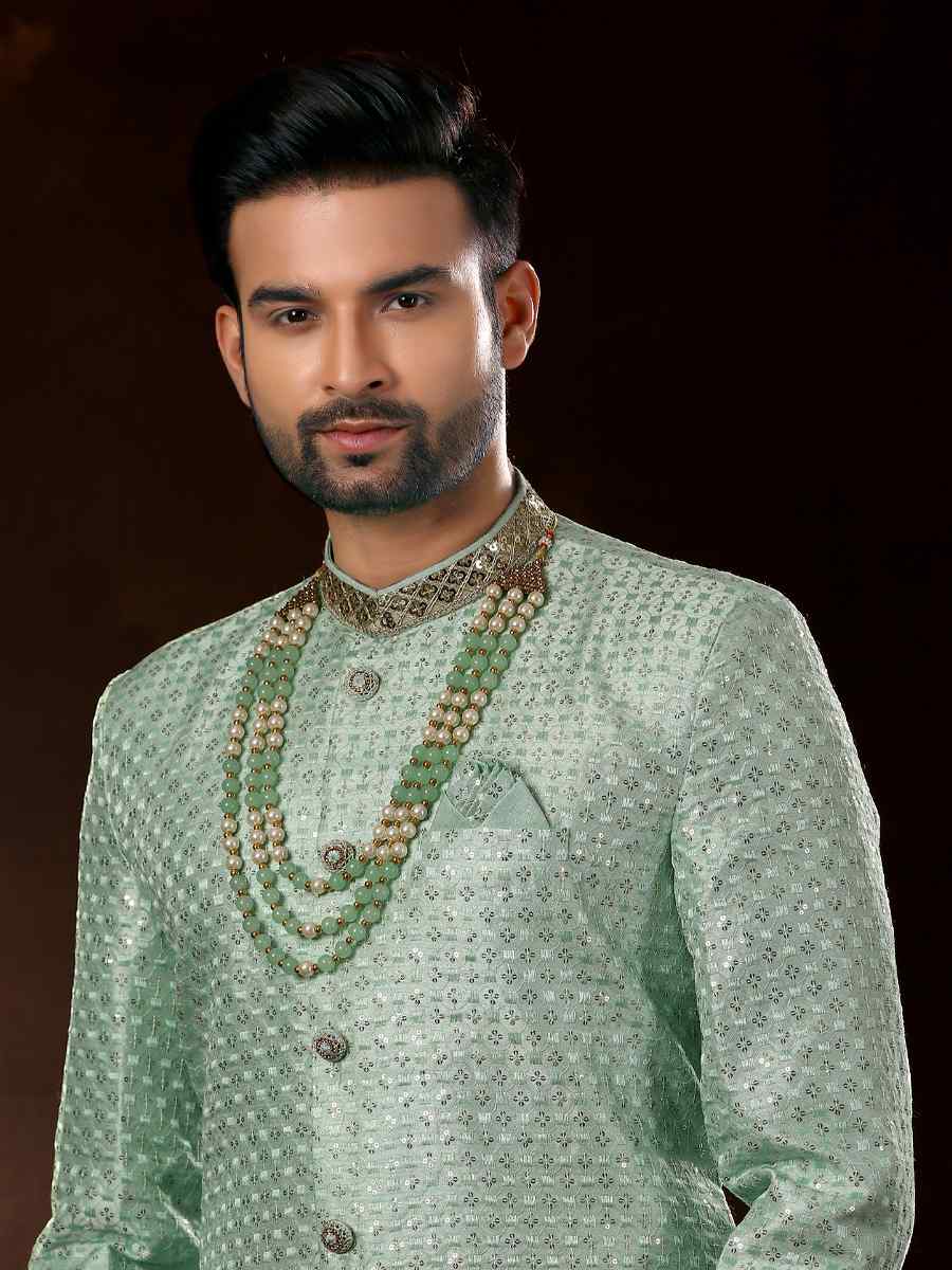 Mint Brocade Woven Wedding Party Sherwani