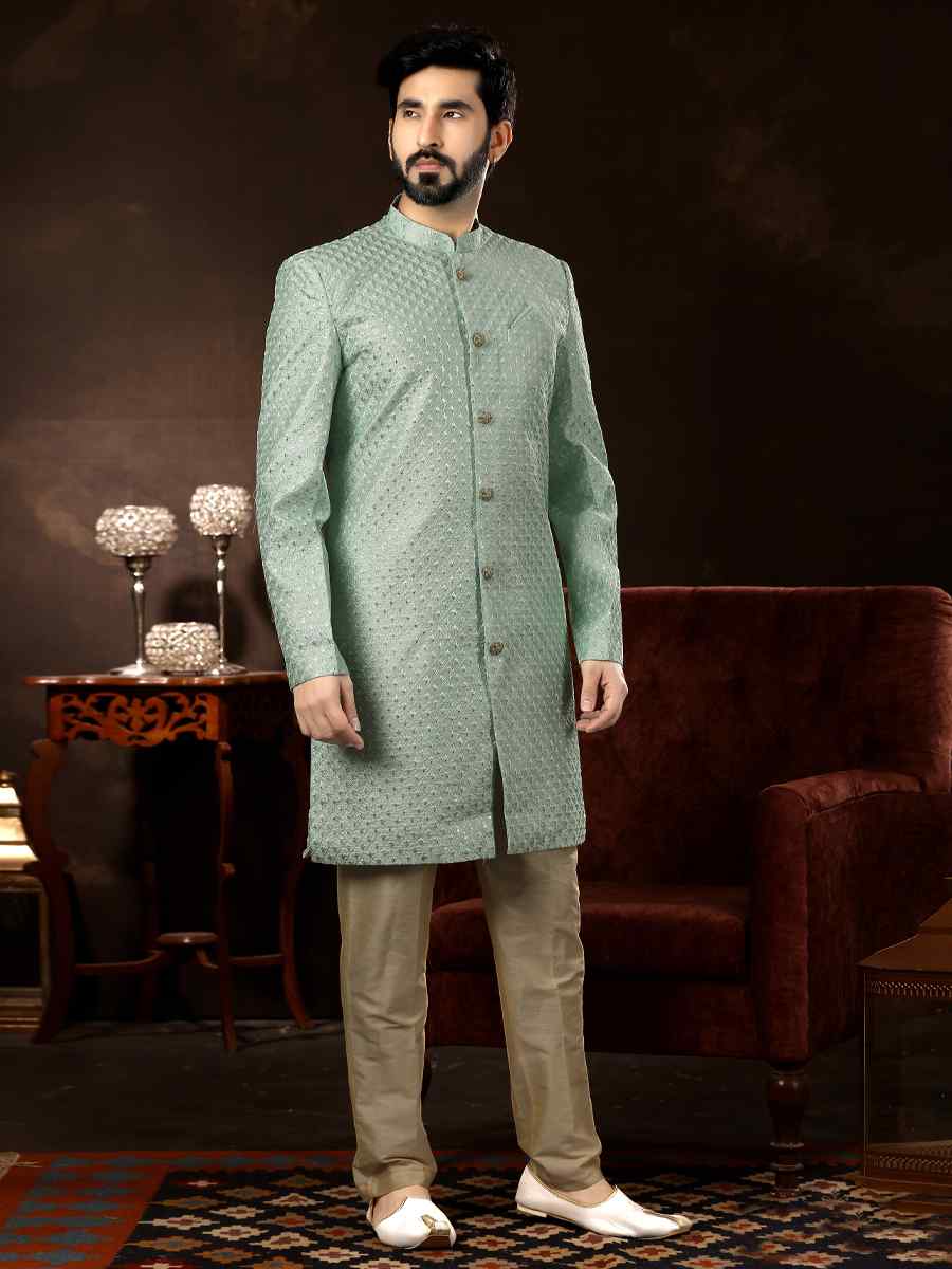 Mint Brocade Woven Wedding Party Sherwani