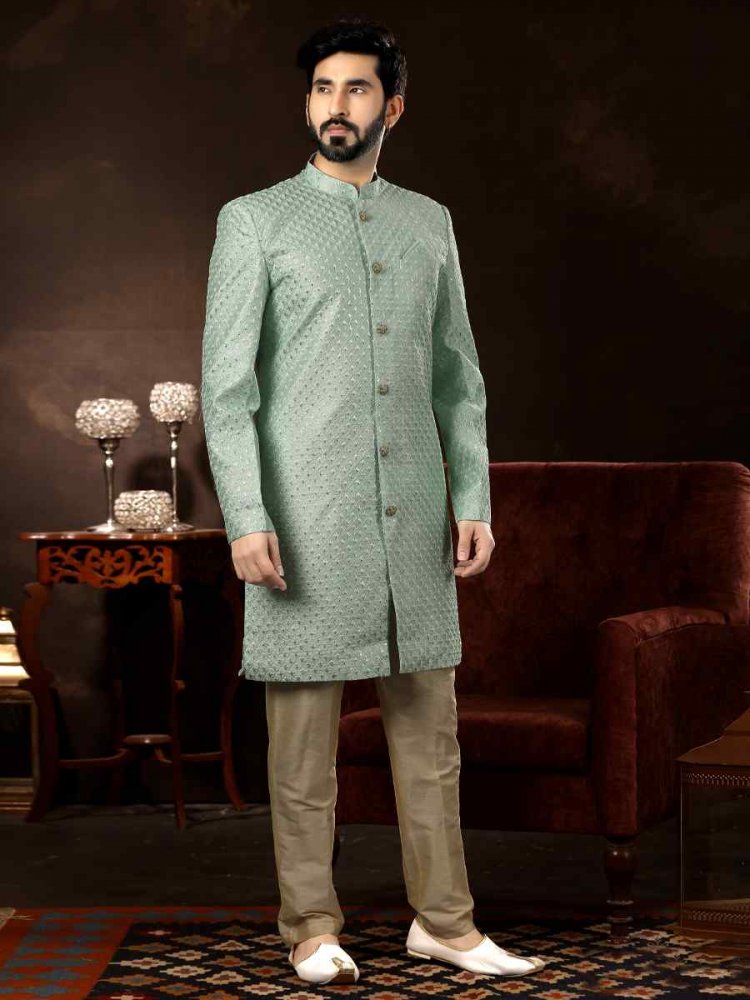 Mint Brocade Woven Wedding Party Sherwani