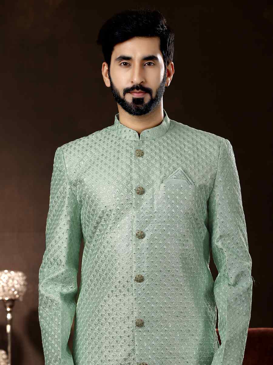 Mint Brocade Woven Wedding Party Sherwani