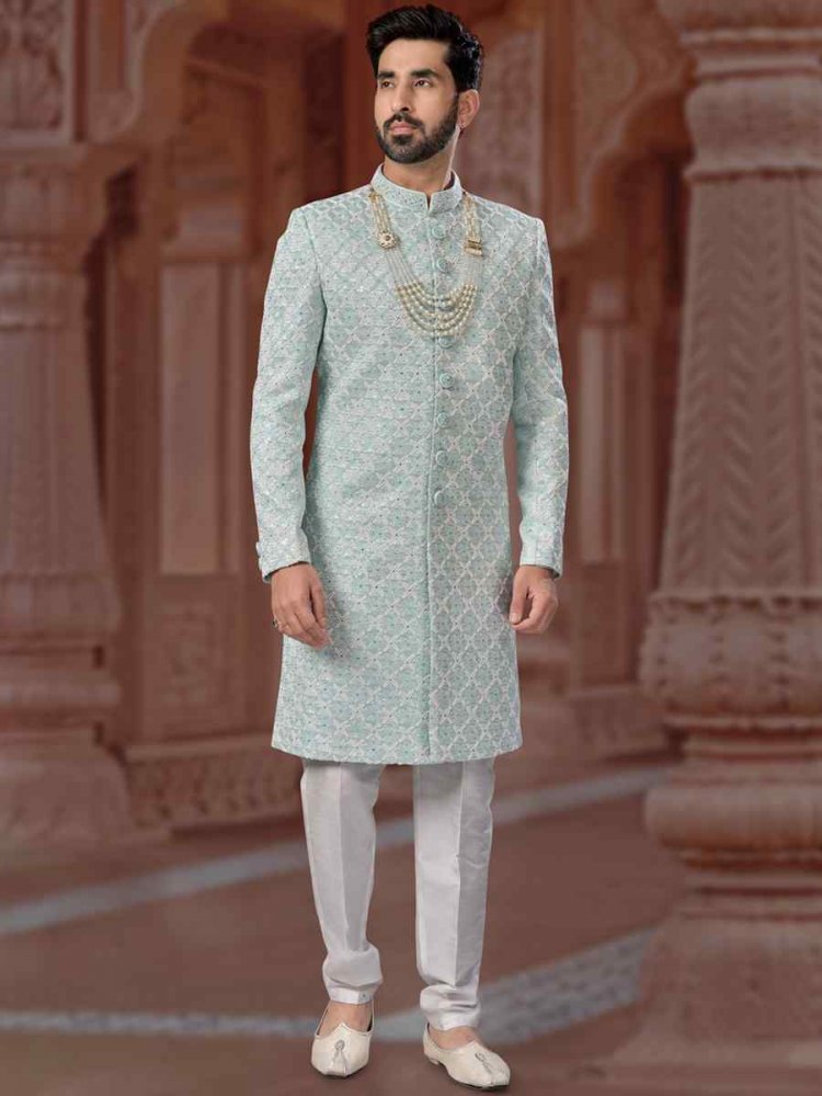 Mint Colour Jacquard Embroidered Groom Wedding Sherwani