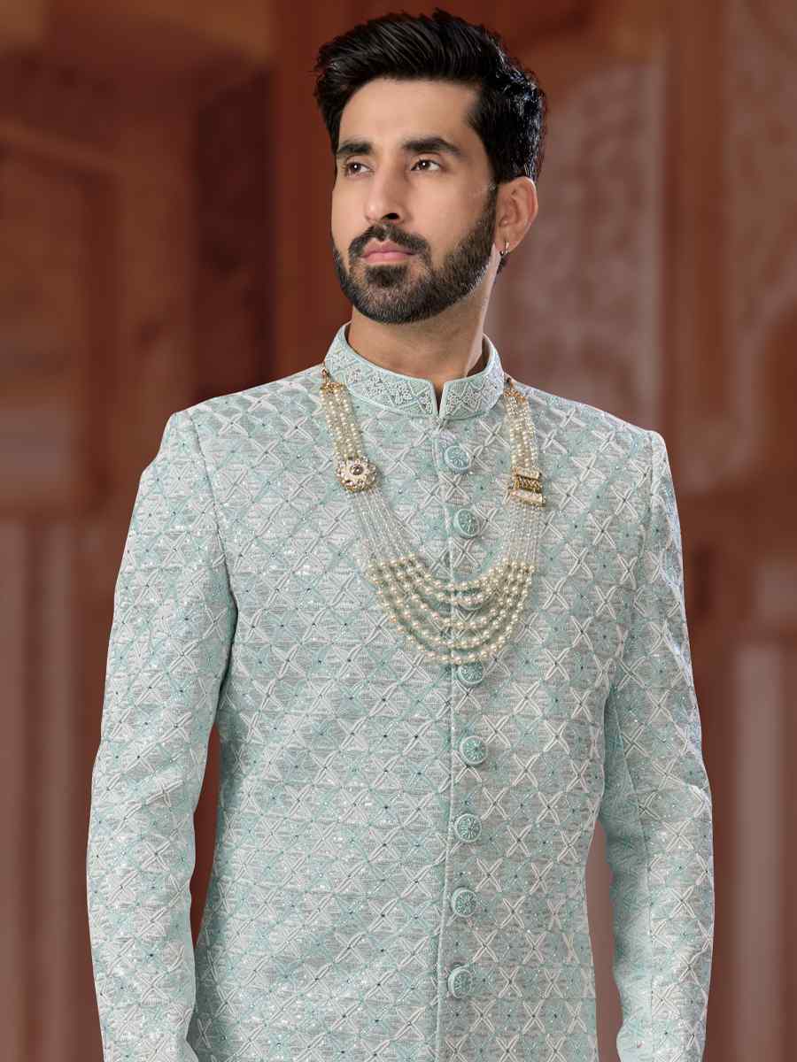Mint Colour Jacquard Embroidered Groom Wedding Sherwani